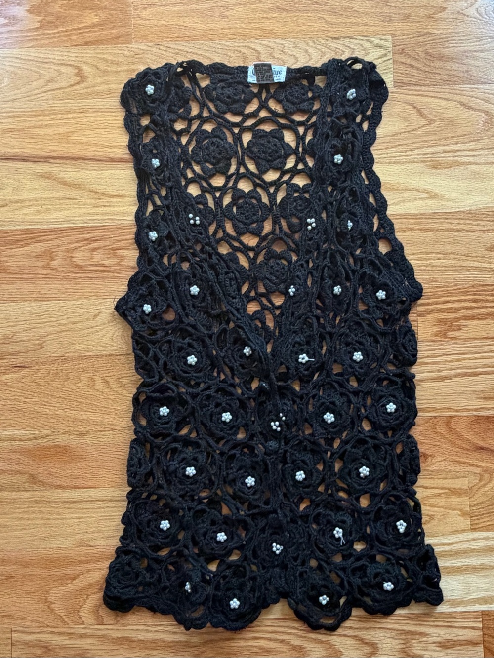 Exlusive Imports Vintage Crocheted Black Floral Vest  with Beaded Flowers